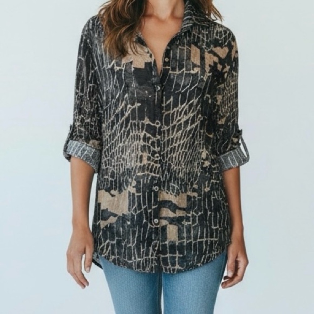 David Cline Medium Black Brown Snap Front Roll Tab Sleeve Shirt